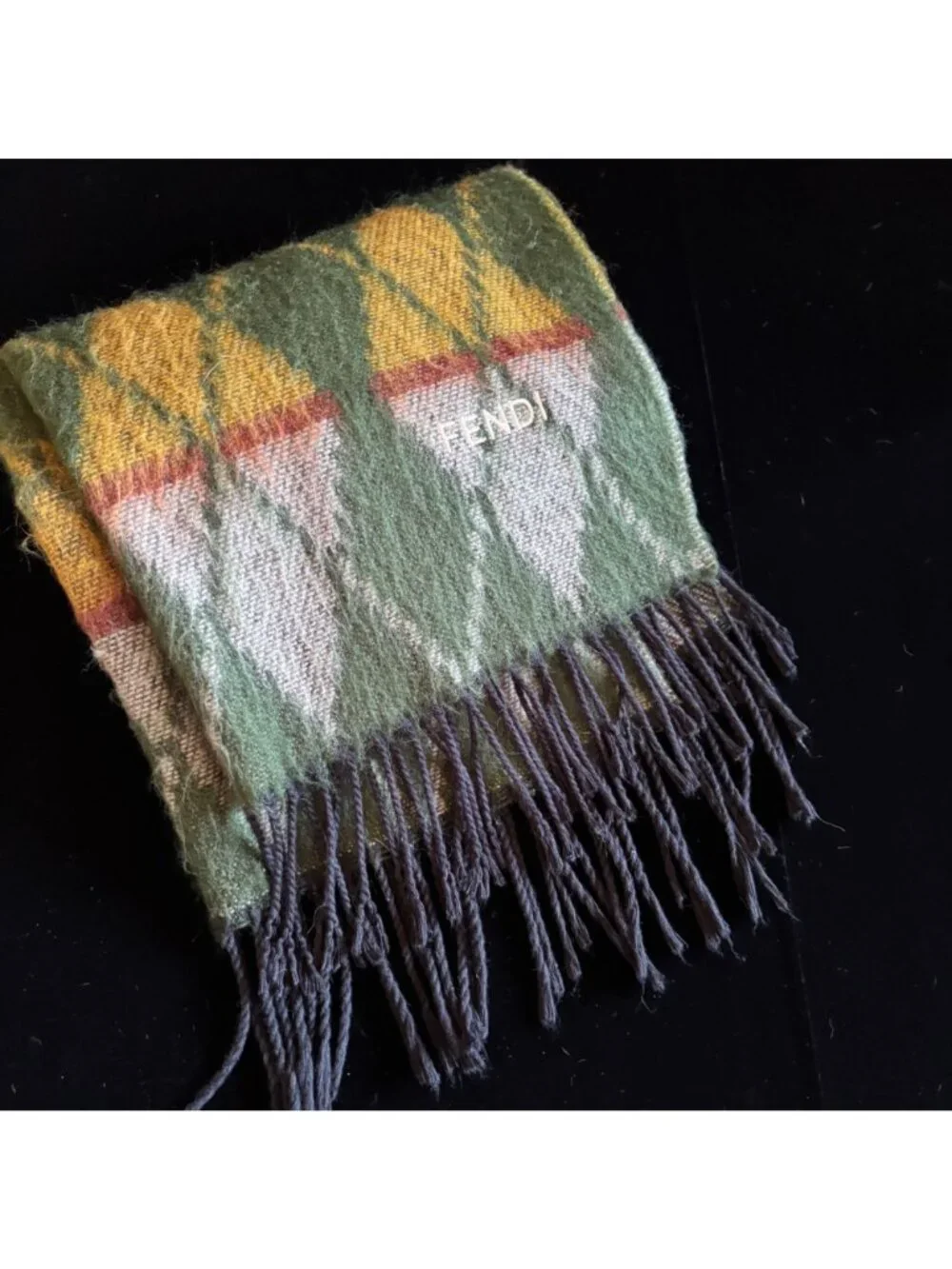 Vintage Scarf Fendi Italy Wool Green Yellow Argyle Plaid Designer Fringe Warm